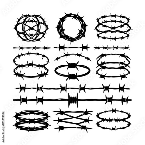 Barbed wire collection silhouette vector. Barbed wire metallic border elements, barb wire set, barb wire icon. Barbed wire fence on the border silhouette illustration