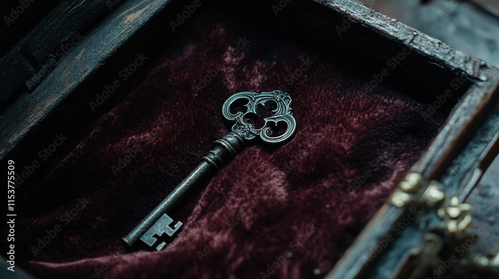 Focused shot of an intricate key resting on a velvet cloth beside a hidden compartment. Focused shot of an intricate key resting on a velvet cloth beside a hidden compartment.