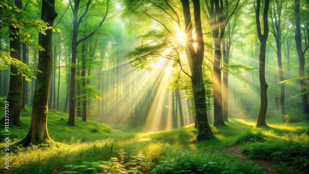 Obraz premium Surreal sunrise paints a spring forest with magical light, lush leaves shimmering, a dreamlike scene.
