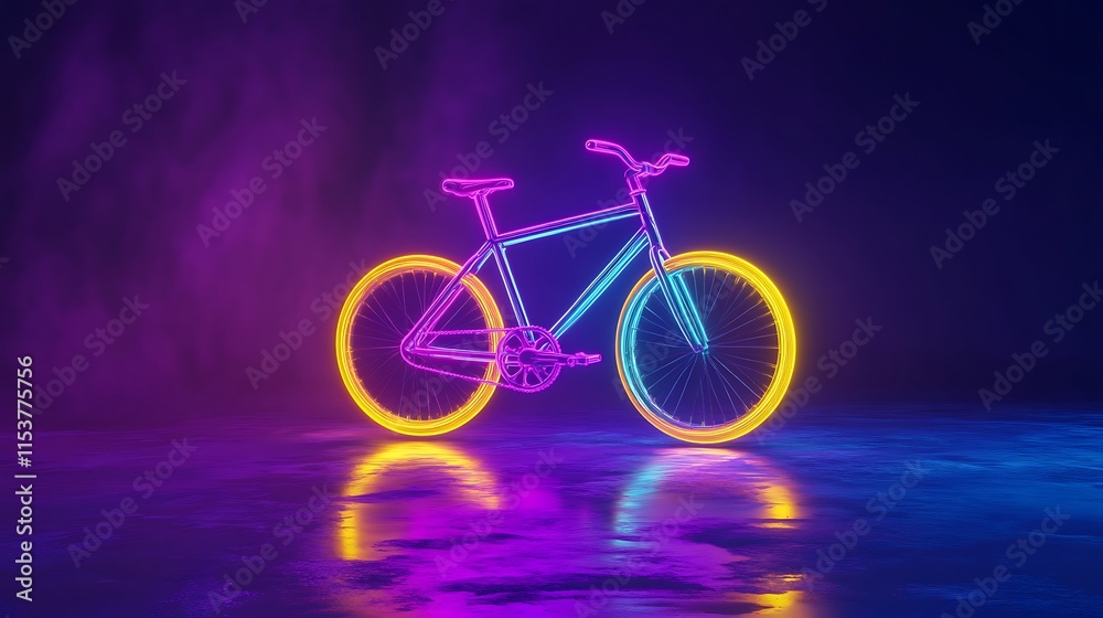 Fototapeta premium A glowing radiant bicycle icon with spinning neon yellow and cyan wheels, floating over a vivid neon purple surface