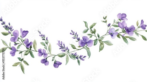 Fototapeta Naklejka Na Ścianę i Meble -  delicate watercolor french lavender floral border design romantic purple flowers and green leaves arrangement for wedding stationery