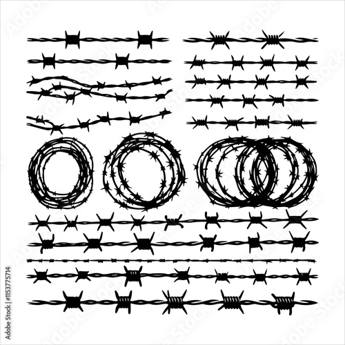 Barbed wire collection silhouette vector. Barbed wire metallic border elements, barb wire set, barb wire icon. Barbed wire fence on the border silhouette illustration