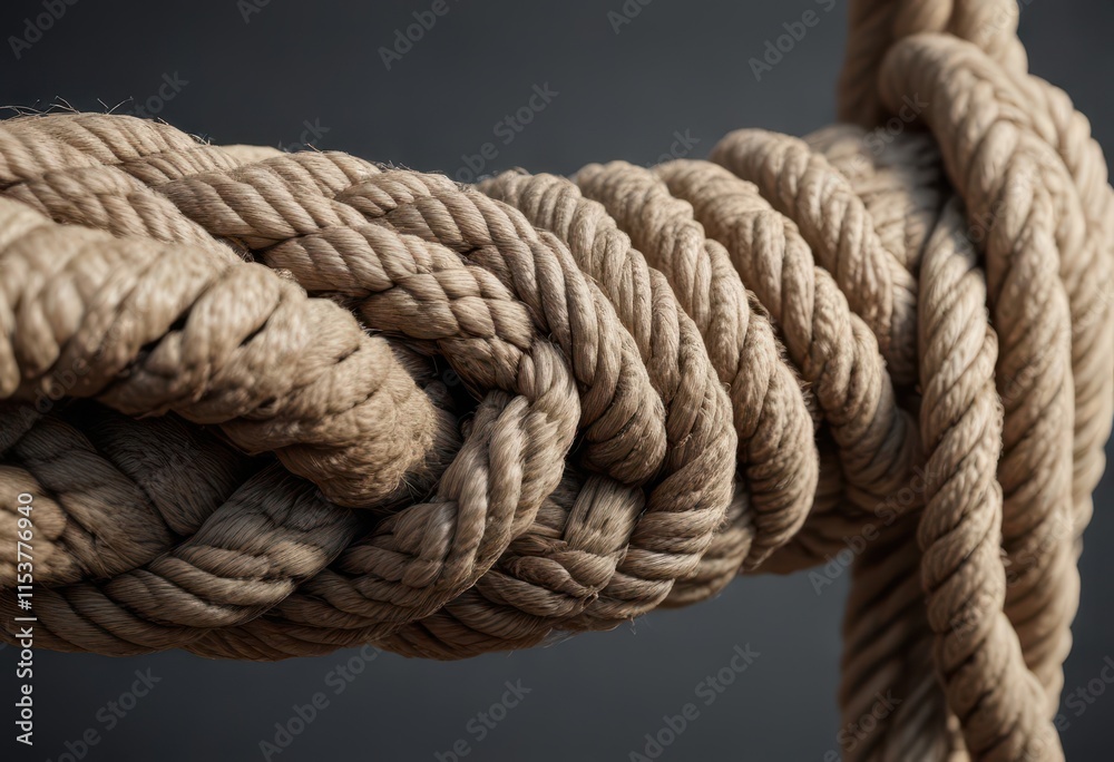 Thick rope showing significant wear, individual strands separating, imminent failure, macro, fiber Thick rope showing significant wear, individual strands separating, imminent failure, macro, fiber