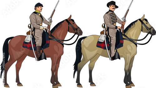 Set of Two Soldiers on Horsebacks in Uniforms and with Rifles from American Civil War during the Bull Run Campaign in 1861, Illustration, EPS 10 Vector