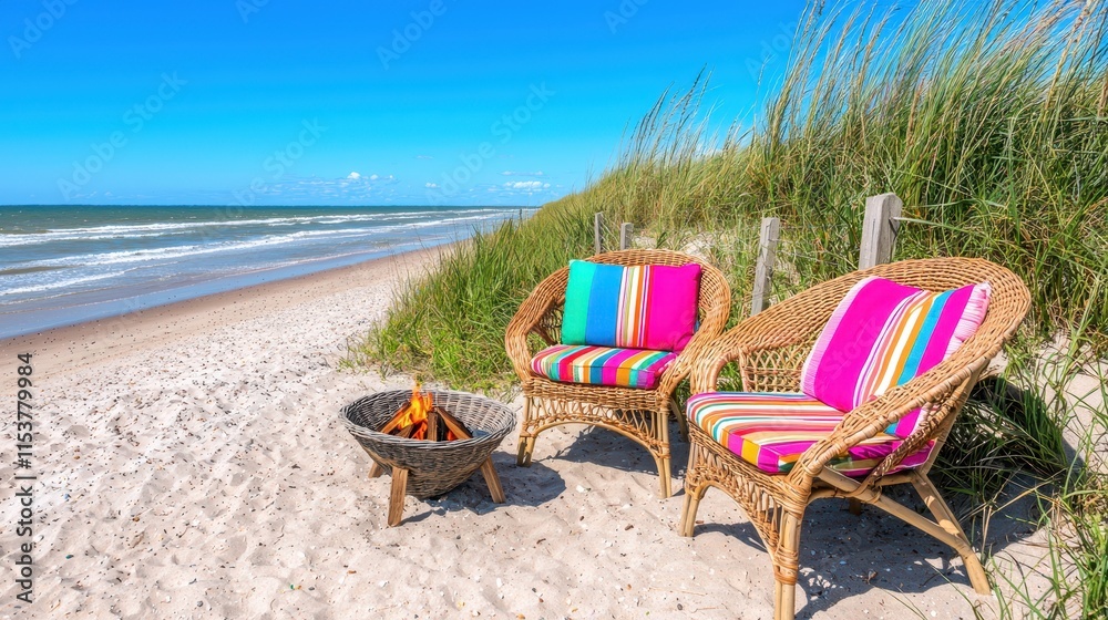 Cozy Beach Chairs with Striped Cushions Next to Fire Pit on Sandy Shoreline with Grass Cozy Beach Chairs with Striped Cushions Next to Fire Pit on Sandy Shoreline with Grass