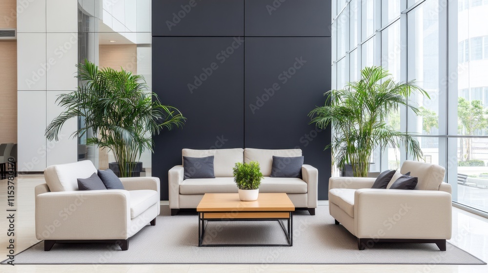 Fototapeta premium Modern Office Lounge with Stylish Sofas and Indoor Plants in Bright, Contemporary Space