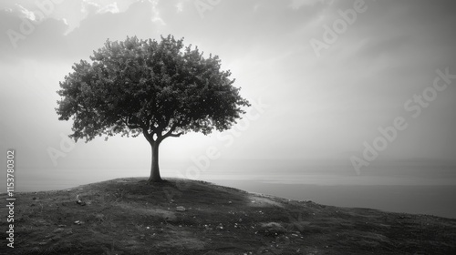 A tree is standing on a hill with a body of water in the background
