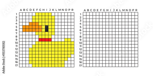 Copy Educational game for children. Cartoon yellow duck. Coloring by numbers for little children. A simple pattern for aquamosaics, various types of mosaics, and cross stitch. Repeat the drawing