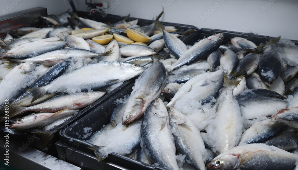 Frozen Fish in Freezer – Close-Up View Frozen Fish in Freezer – Close-Up View