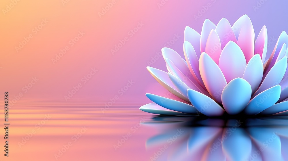 A serene water lily reflects softly in tranquil waters against a pastel gradient sky. A serene water lily reflects softly in tranquil waters against a pastel gradient sky.