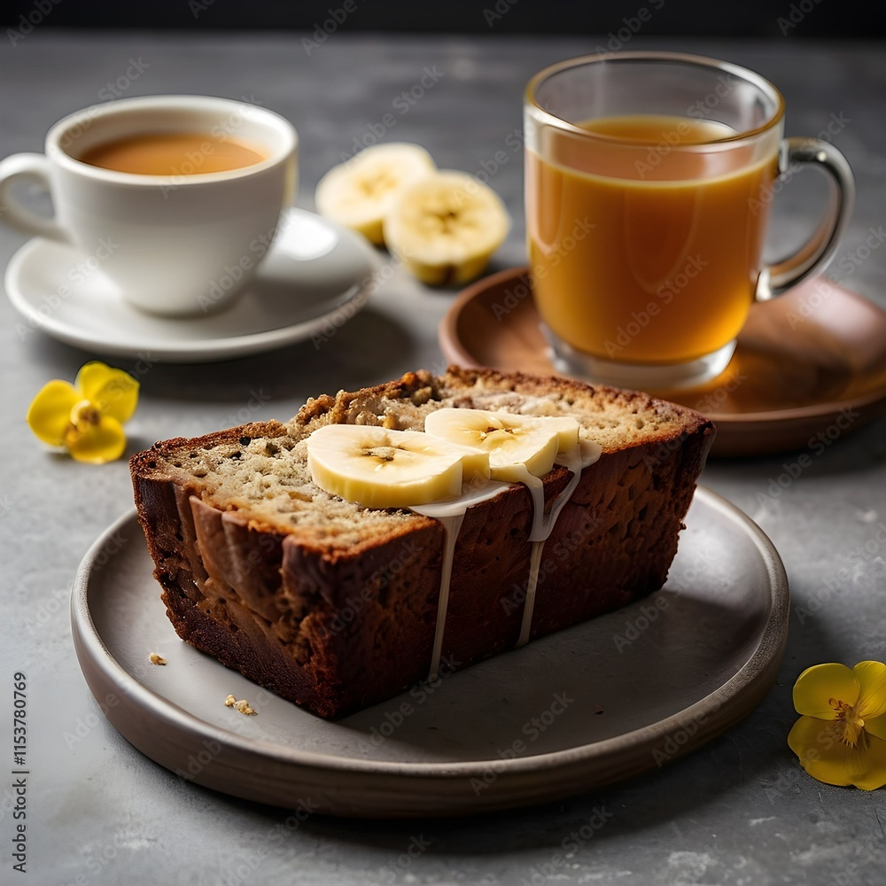 Thick Slice of Banana Bread with Honey & Cappuccino