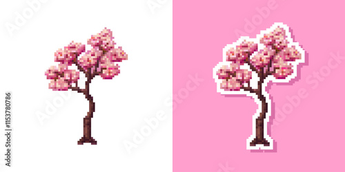 Pixel art sakura tree with flowers icon set. Vector 8 bit style illustration of pixel sakura blossom. Isolated spring cute decorative element of retro video game computer graphic. Sticker isolated 