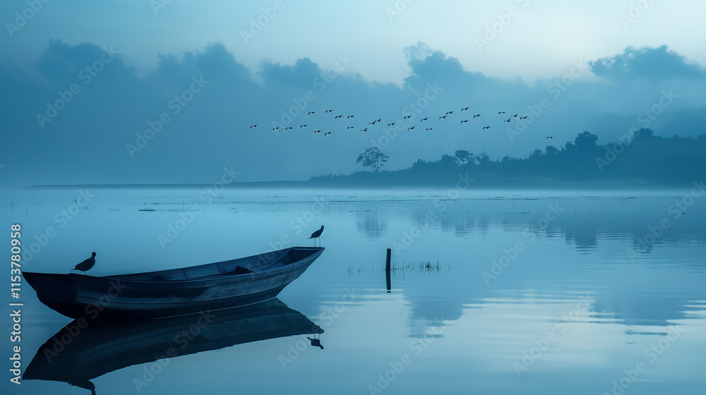 Serene lakeside scene with boat and flying birds in misty dawn. Serene lakeside scene with boat and flying birds in misty dawn.