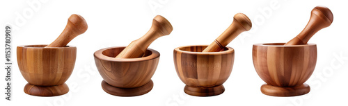 Set of wooden mortar and pestle for grinding spices or preparing food.