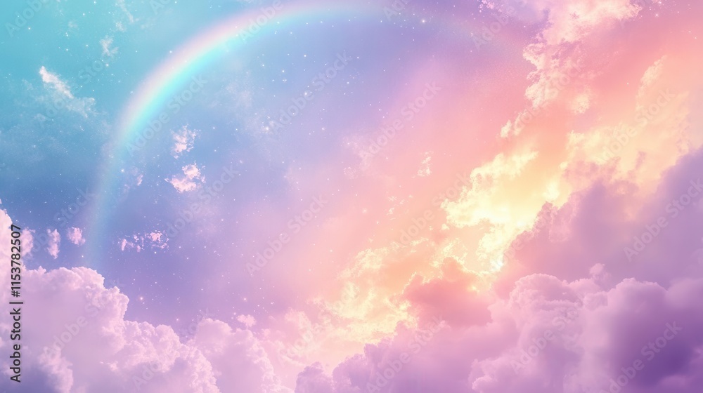 dreamy pastel sky scene with majestic rainbow arching through ethereal clouds illuminated by soft multicolored sunlight creating magical atmosphere dreamy pastel sky scene with majestic rainbow arching through ethereal clouds illuminated by soft multicolored sunlight creating magical atmosphere
