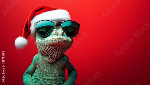 
Photo of a cool chameleon wearing sunglasses and a Santa hat on a red background, exuding a Christmas vibe, ultra-realistic.