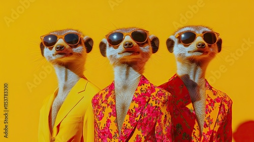 Meerkats. three people, bright fashionable outfits isolated on a solid advertising background, copy text space. photo