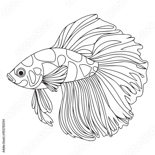 Betta fish coloring page for a children's book with colorful examples. Image in vector format. great coloring activity for children and toddlers