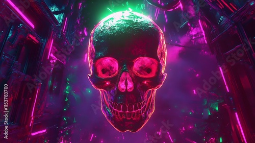 A luminous glowing skull with radiant red and green neon highlights, floating above a glowing neon purple background photo