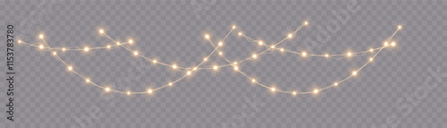 Festive Christmas light gold garlands. Festive chain of bulbs. Winter new collection 2025.  For advertising invitations, web banners, postcards. Vector. Holidays decoration. Transparent background.