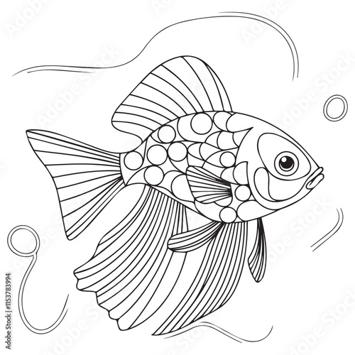 Betta fish coloring page for a children's book with colorful examples. Image in vector format. great coloring activity for children and toddlers