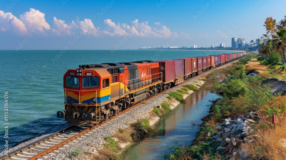 Freight train with colorful locomotive carries cargo containers along coastal railway track near ocean under sunny sky. Freight train with colorful locomotive carries cargo containers along coastal railway track near ocean under sunny sky.