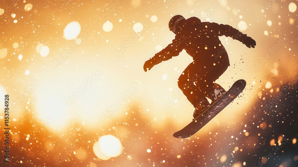 Naklejka premium dynamic snowboarder silhouette performing aerial trick against dramatic mountain sunset with snow particles creating ethereal light effects in winter scene