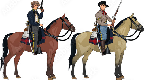 Set of Two Soldiers on Horsebacks in Uniforms and with Rifles from American Civil War during the Bull Run Campaign in 1861, Illustration, EPS 10 Vector