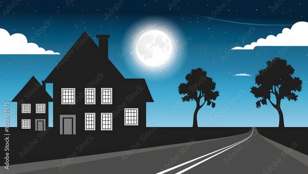 Fototapeta premium Night Village with Moon Cartoon Background
