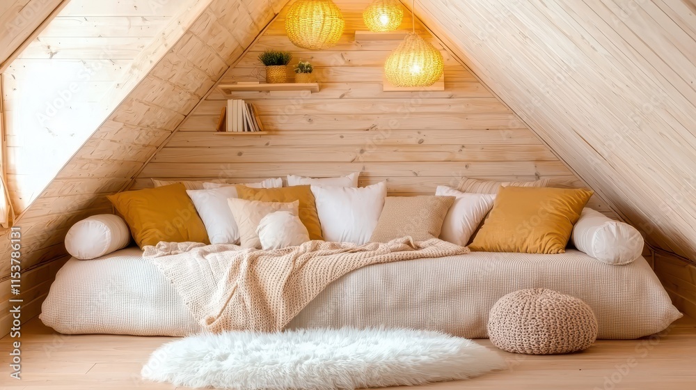 Cozy attic interior with soft textures, warm light, and stylish decor for relaxed living space Cozy attic interior with soft textures, warm light, and stylish decor for relaxed living space