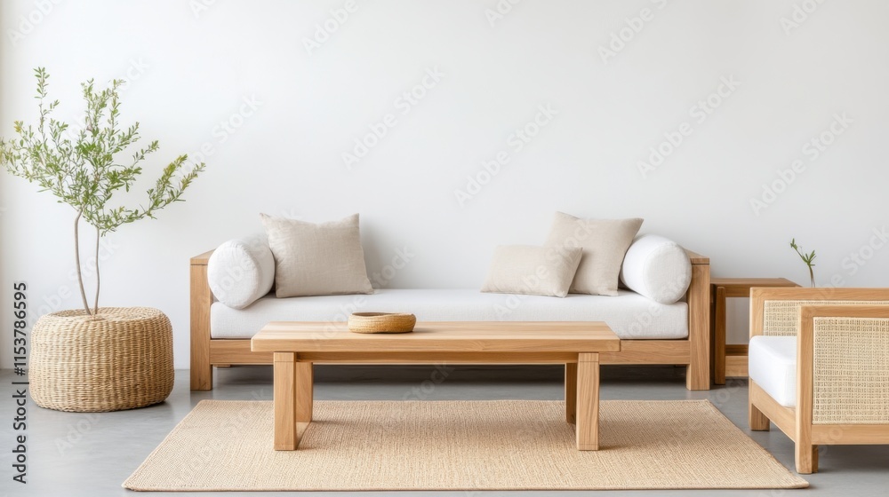 Modern Minimalist Living Room with Natural Wood Furniture and Cozy Neutral Textiles