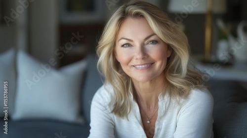 elegant blonde woman professional headshot portrait with natural smile, sitting comfortably on modern gray sofa during weekend photoshoot in cozy home setting Free Download elegant blonde woman professional headshot portrait with natural smile, sitting comfortably on modern gray sofa during weekend photoshoot in cozy home setting - GFXLoad