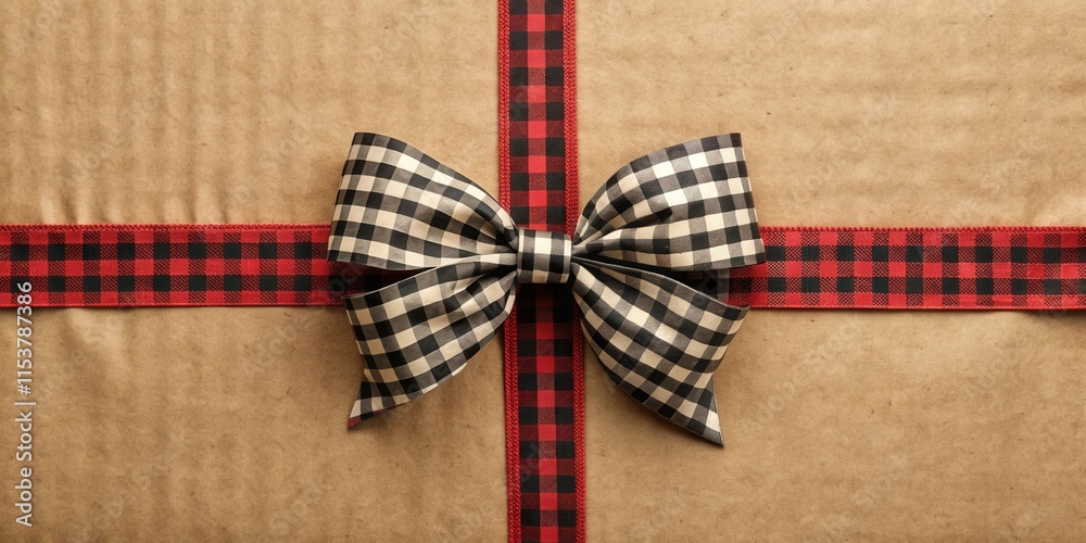 Obraz premium A simple brown paper package wrapped with a black and red plaid ribbon and bow
