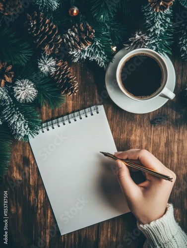 Composite image of hand writing new years resolutions against overhead of notepad and coffee photo