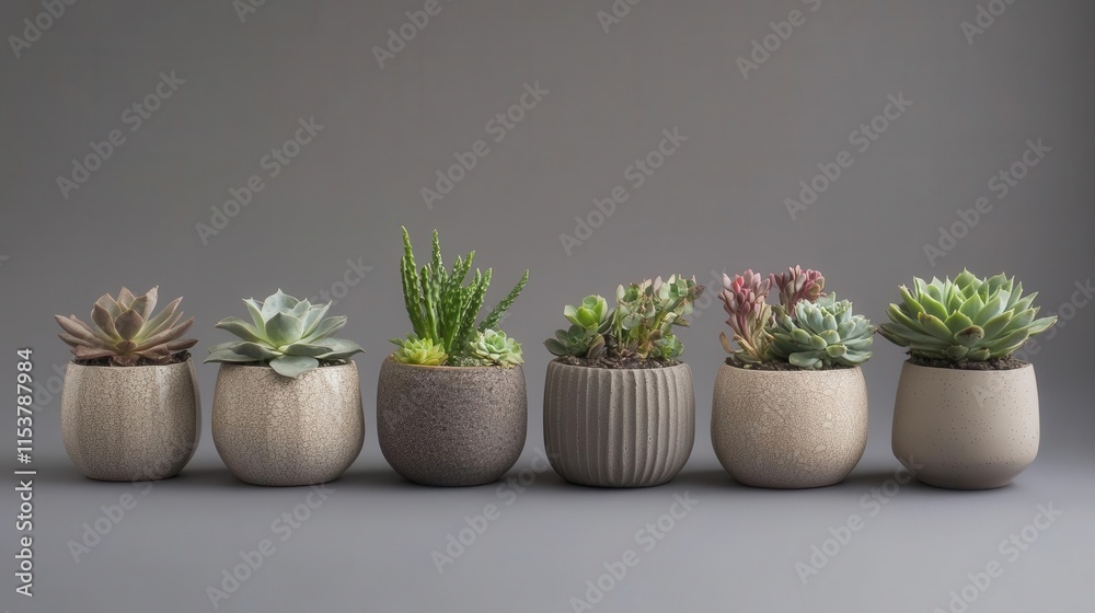 Fototapeta premium elegant collection of diverse succulent plants arranged in modern ceramic pots, showcasing natural colors and textures against neutral gray backdrop