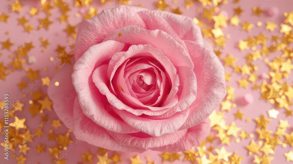 Fototapeta premium Light rose background entirely covered in gold star confetti, gold,rose background,pastel