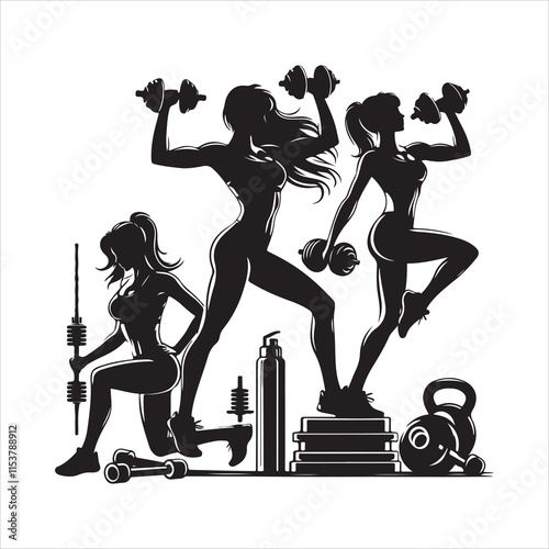 Fitness woman silhouette vector. Fitness and gym activity silhouettes vector art on a white background