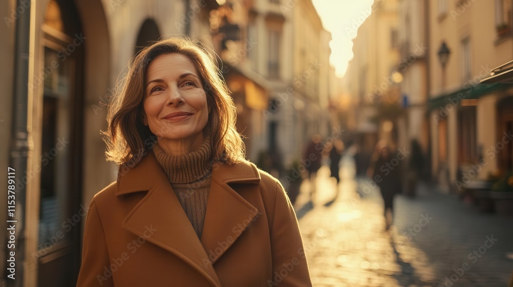 Fototapeta premium elegant middle-aged woman in designer autumn coat walking through historic european city streets during golden hour photography