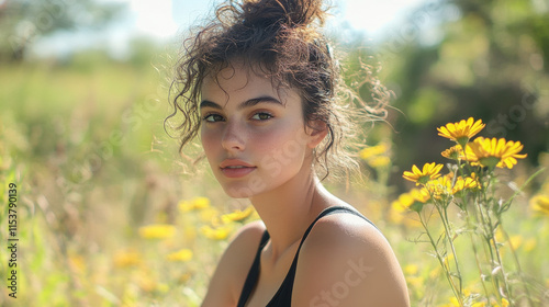 Alina George sits gracefully in a sunny field filled with colorful wildflowers. Her curly hair catches the light as she enjoys the serene beauty of nature.