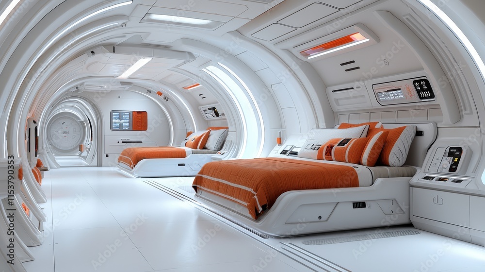 Obraz premium Futuristic Hotel Room with Sleek Design and Cozy Atmosphere in Space Environment