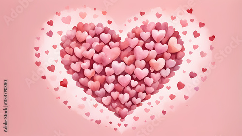 Heartfelt Celebration: A myriad of blush pink hearts forming a large heart shape against a soft pink background. Perfect for Valentine's Day, love, romance, and affection.