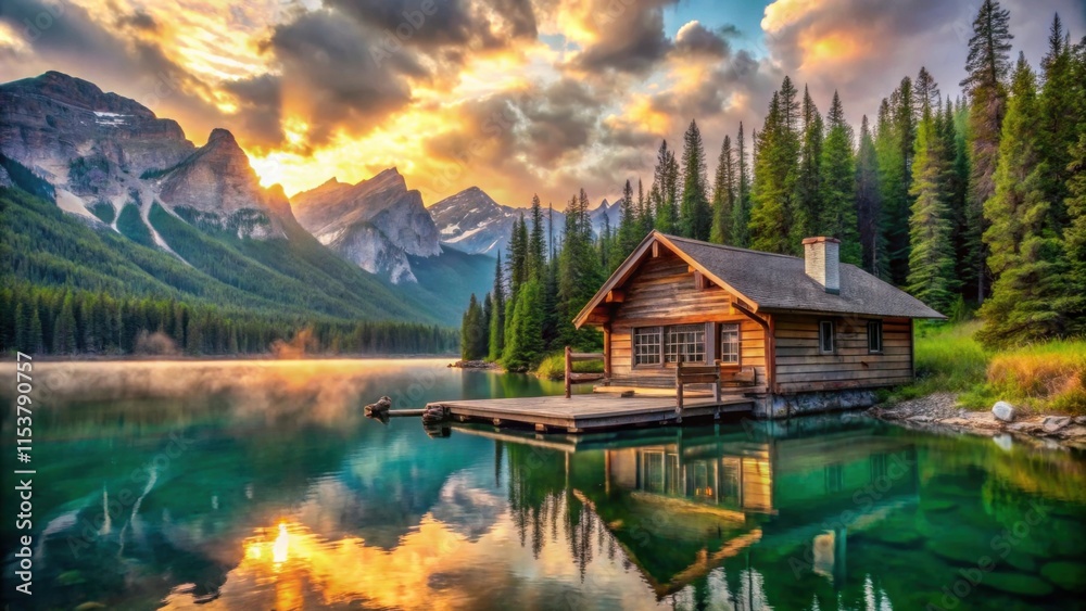 Fototapeta premium A secluded wooden cabin perched on a tranquil lake, nestled amidst a lush forest and towering mountains, bathed in the golden hues of a breathtaking sunrise.