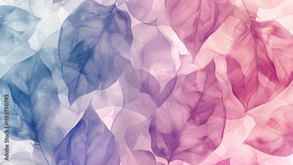 Obraz premium Seamless Pattern of Pastel Leaves in Soft Pink, Purple, and Blue with Translucent Layers on Textured Off-White Background