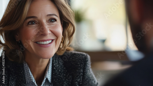 happy middle aged business woman engages in conversation, showcasing her warm smile and professional demeanor. setting is bright and inviting, perfect for discussions