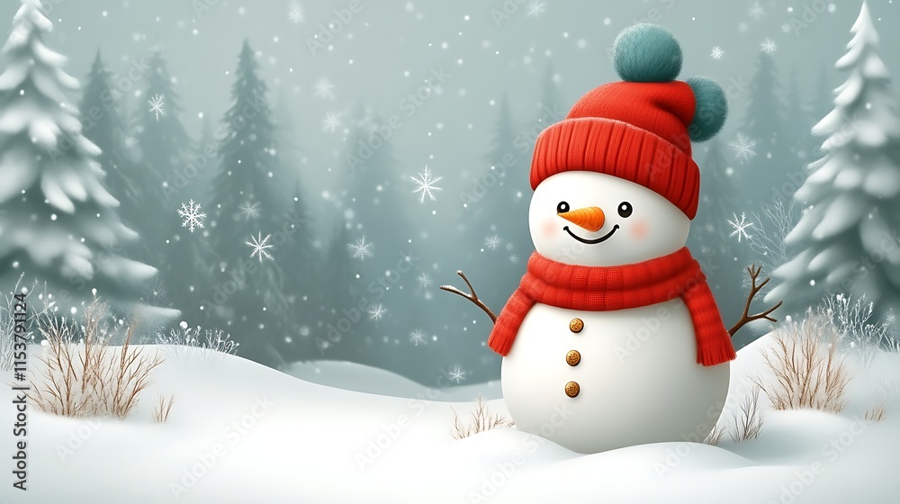 Cheerful snowman in snowy winter forest.