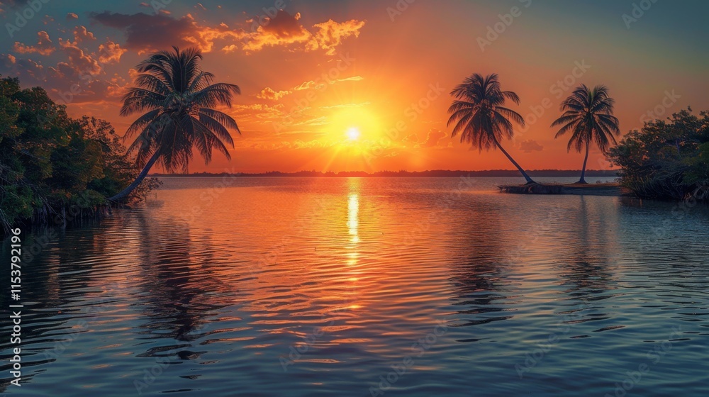 palm trees near body of water during sunset palm trees near body of water during sunset