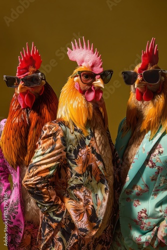 Group photo of chickens dressed like rock stars, vivid suits and sunglasses. photo