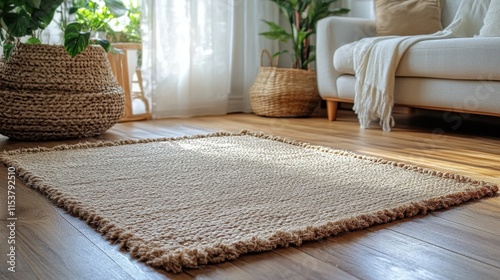 Beige jute rug on hardwood floor in bright living room. photo