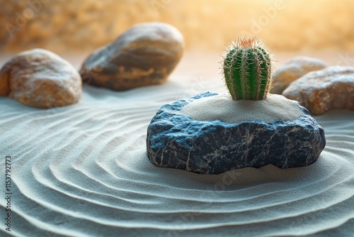 A desert-inspired zen garden with small cacti growing alongside smooth stones and raked sand patterns,copy space background photo