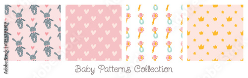 Baby seamless patterns collection. Isolated vector tiles for girls. Includes swatches. Prints with crown, hearts, rabbit and rattles for textiles, fabric designs, wallpapers, decorative projects.